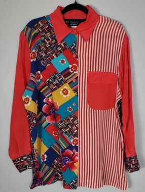 Vintage Koos of Course Silk Button Up Shirt Size Medium Wearable Art Dopamine
